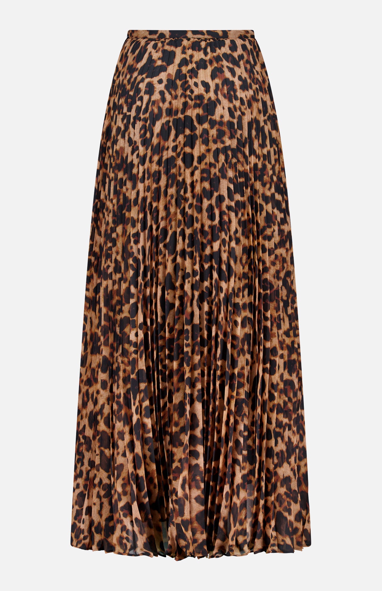 The L'AGENCE Torin Pleated Maxi Skirt features a bold brown and black leopard print, a flowing pleated silhouette, and maxi length, shown against a plain white background.