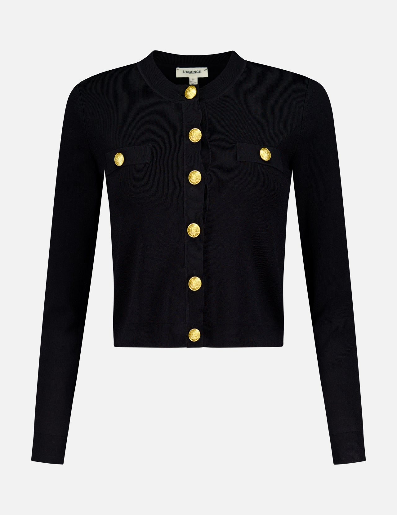 The Toulouse Cropped Cardigan by L'AGENCE is a black, power knit, long-sleeve cardigan with gold buttons down the front and on two chest pockets, shown against a white background.