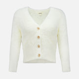 The Agathe Fuzzy Collared Cardigan by L’AGENCE is an ivory cardigan featuring a soft texture, V-neckline, and five large buttons down the front, displayed against a white background.