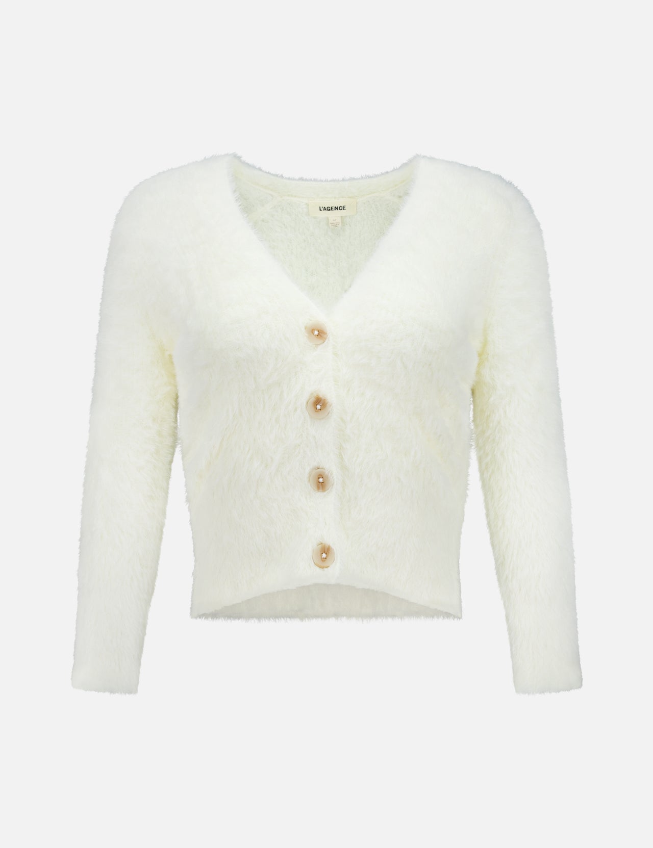 The Agathe Fuzzy Collared Cardigan by L’AGENCE is an ivory cardigan featuring a soft texture, V-neckline, and five large buttons down the front, displayed against a white background.