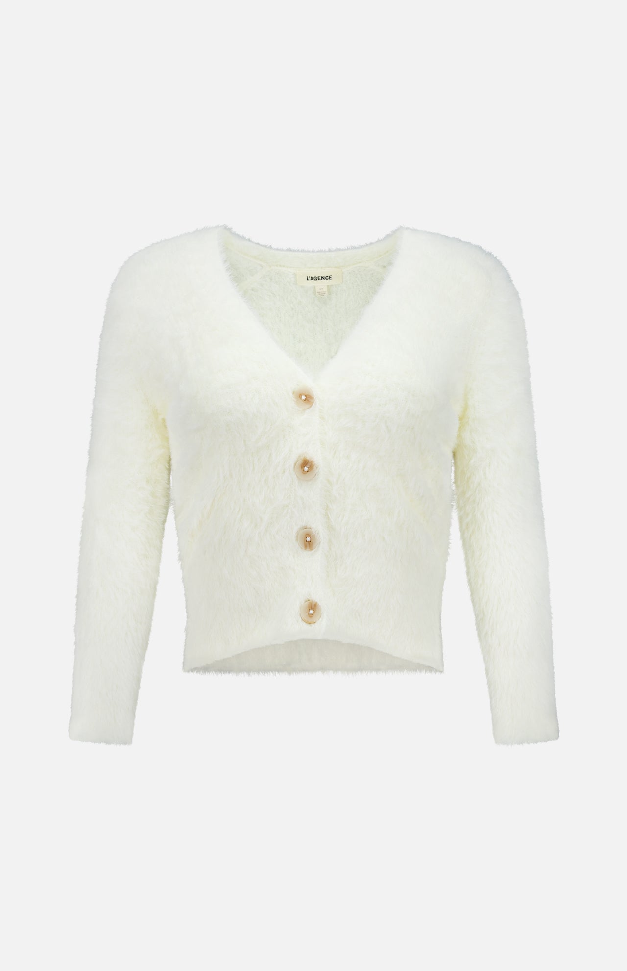 The Agathe Fuzzy Collared Cardigan by L’AGENCE is an ivory cardigan featuring a soft texture, V-neckline, and five large buttons down the front, displayed against a white background.