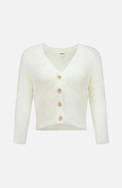 The Agathe Fuzzy Collared Cardigan by L’AGENCE is an ivory cardigan featuring a soft texture, V-neckline, and five large buttons down the front, displayed against a white background.