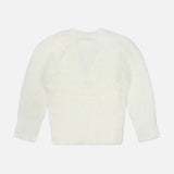 The Agathe Fuzzy Collared Cardigan by L’AGENCE, featuring long sleeves and an ivory hue, is laid flat on a plain white background.