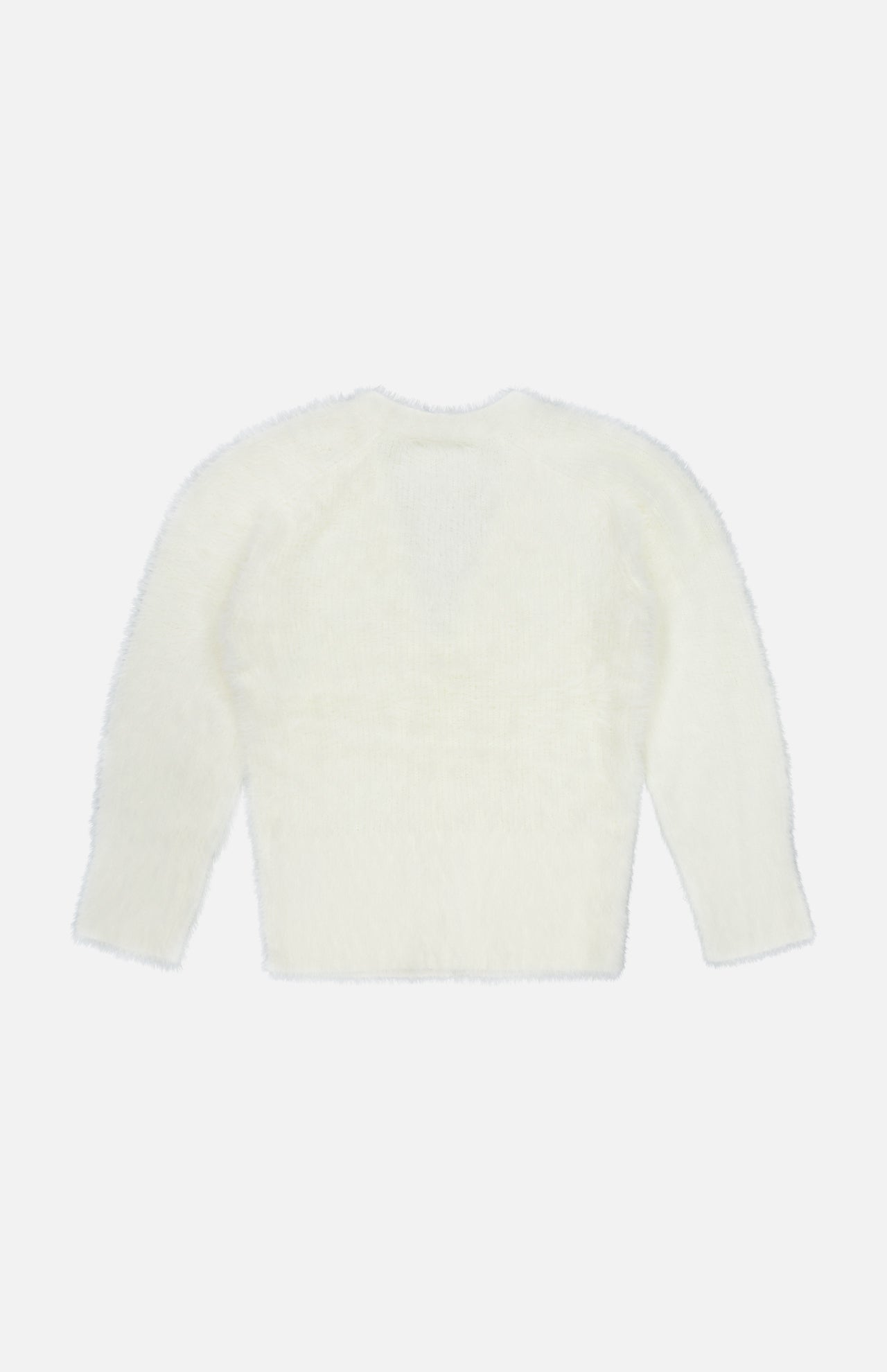 The Agathe Fuzzy Collared Cardigan by L’AGENCE, featuring long sleeves and an ivory hue, is laid flat on a plain white background.