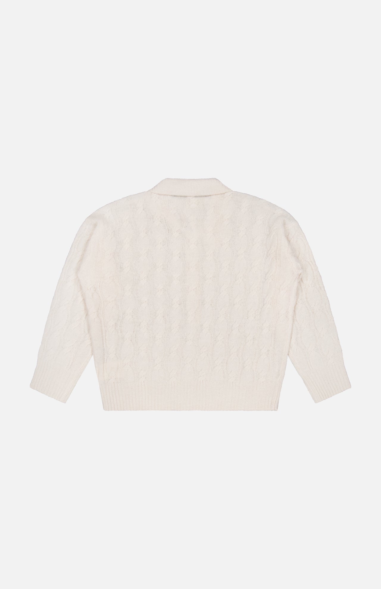 The Airy 3/4 Sleeve Heart Button Sweater by L’AGENCE is a vintage-inspired ivory piece in a classic cable knit, featuring three-quarter sleeves and heart-shaped buttons; shown from the back, it’s laid flat on a white background.