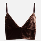 L’Agence Aislin Velvet Bralette Top in brown velvet featuring a deep V-neckline, thin shoulder straps, and a sensual lingerie aesthetic.