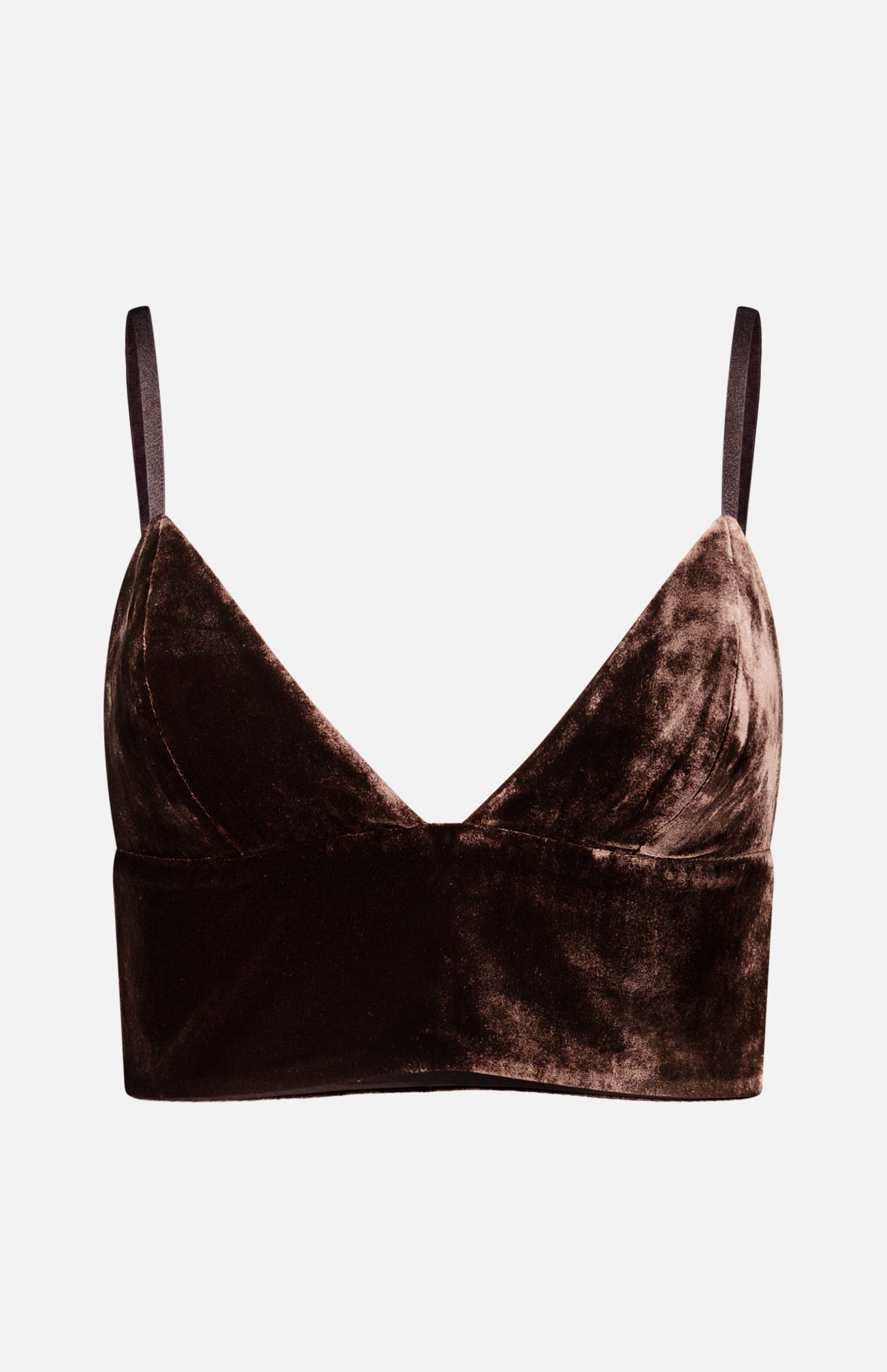 L’Agence Aislin Velvet Bralette Top in brown velvet featuring a deep V-neckline, thin shoulder straps, and a sensual lingerie aesthetic.