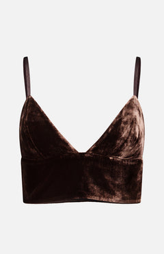 L’Agence Aislin Velvet Bralette Top in brown velvet featuring a deep V-neckline, thin shoulder straps, and a sensual lingerie aesthetic.