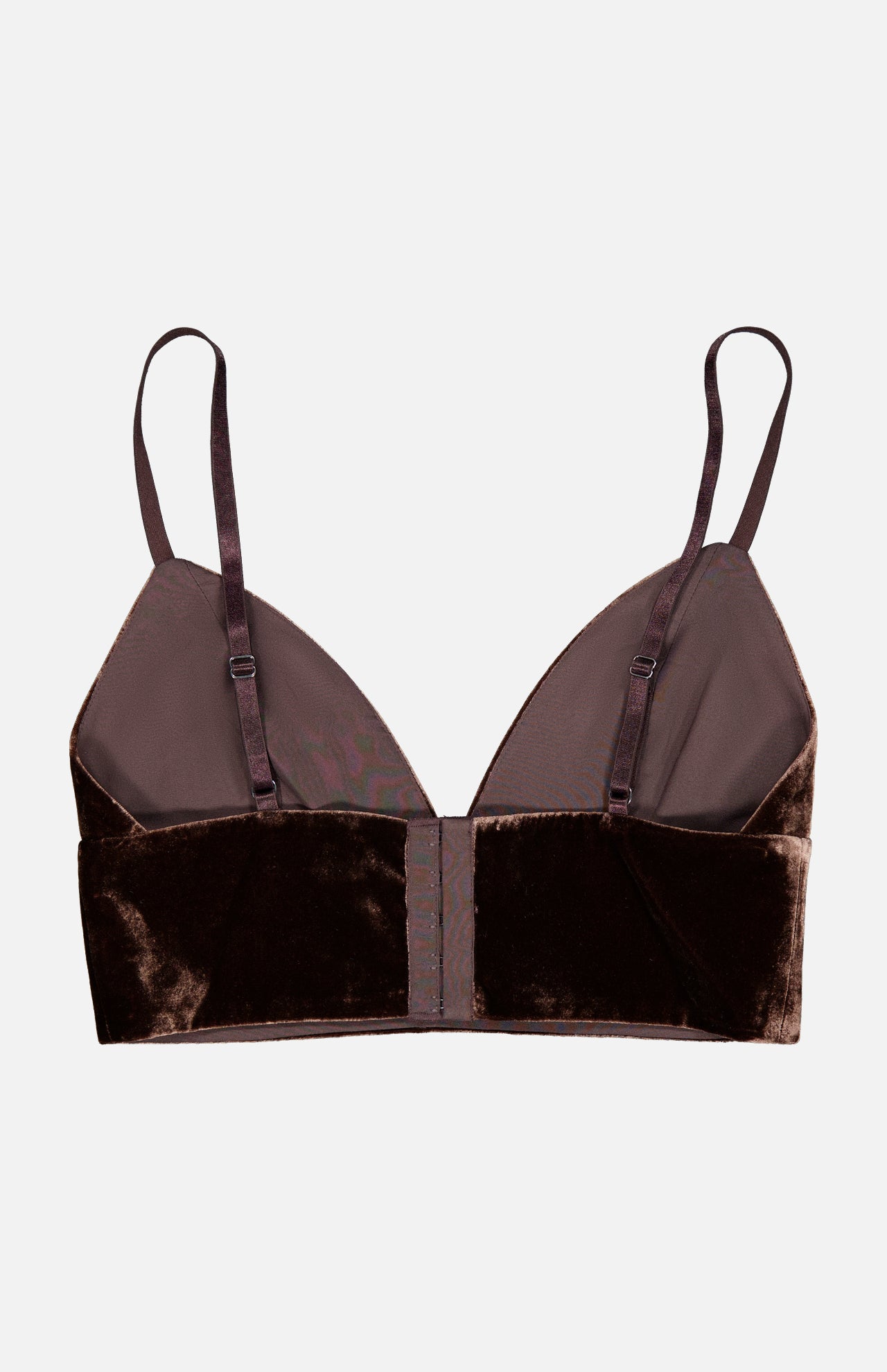 Aislin Velvet Bralette Top in brown velvet from our fall collection, featuring thin adjustable straps and a center back hook-and-eye closure.