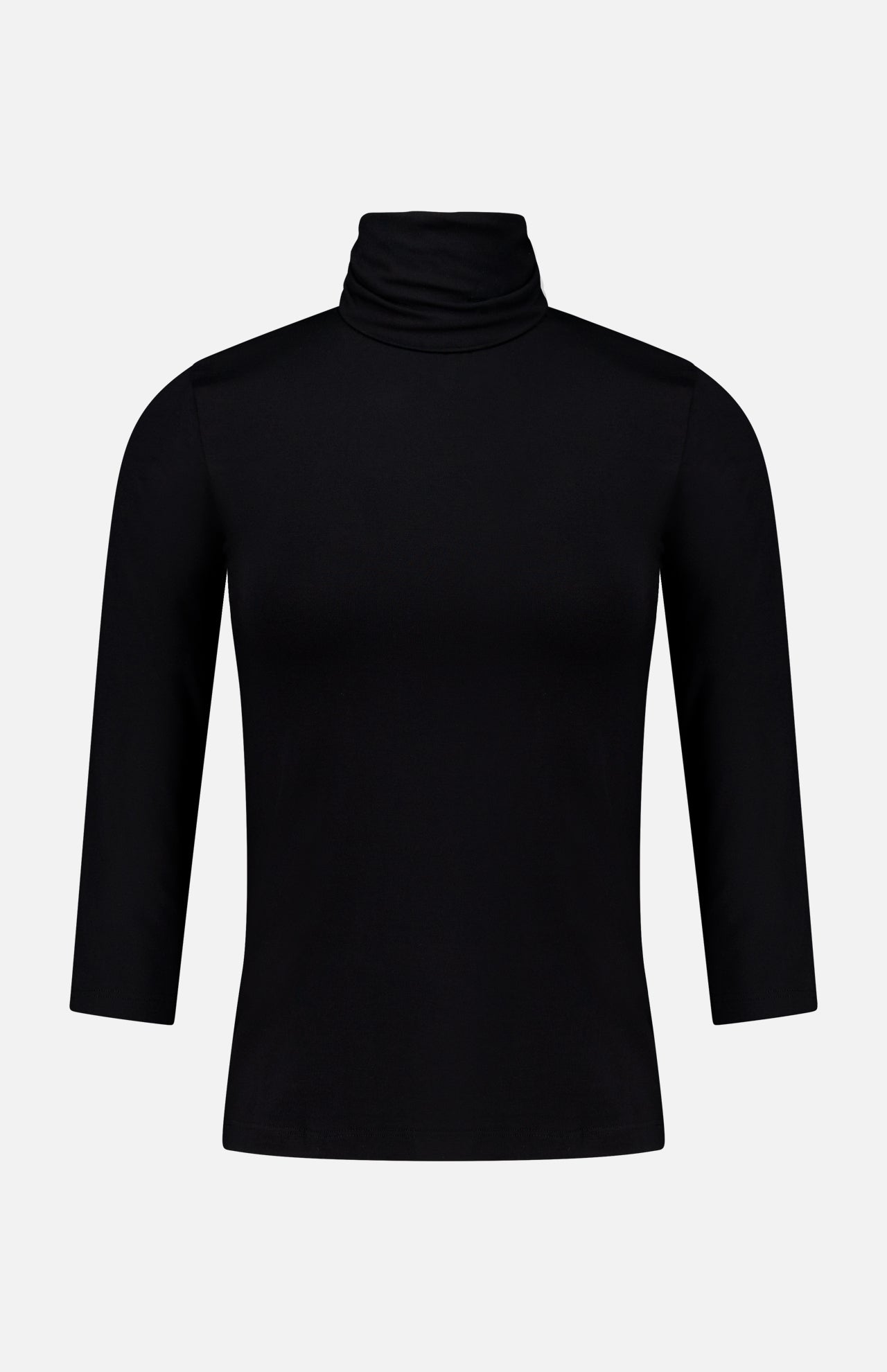 L’Agence Aja Turtleneck 3/4 Sleeve Top in a slim-fit black, featuring three-quarter length sleeves and an ultra-soft fabric.