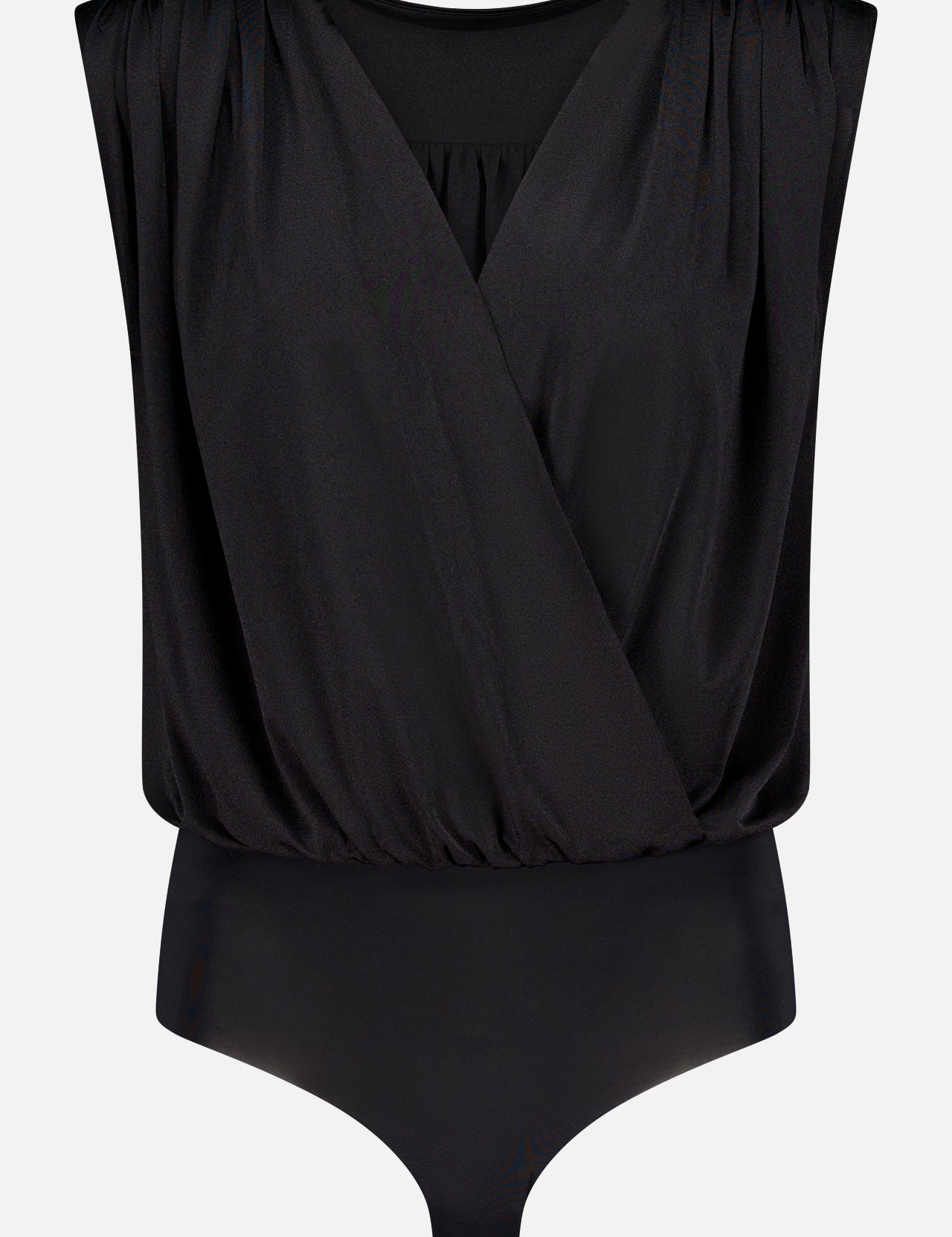 The Akari Sleeveless Bodysuit by L'AGENCE features powerful shoulders, a deep V-neck wrap front, subtle shoulder ruching, and a fitted black silhouette with snap closures.