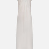 The Akiya Contrast Tank Dress by L'AGENCE is a sleeveless, ankle-length white satin maxi dress featuring a scoop neckline and thin black trim along the neckline and straps.