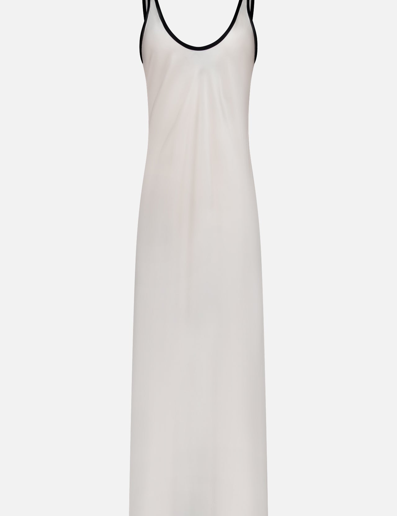 The Akiya Contrast Tank Dress by L'AGENCE is a sleeveless, ankle-length white satin maxi dress featuring a scoop neckline and thin black trim along the neckline and straps.