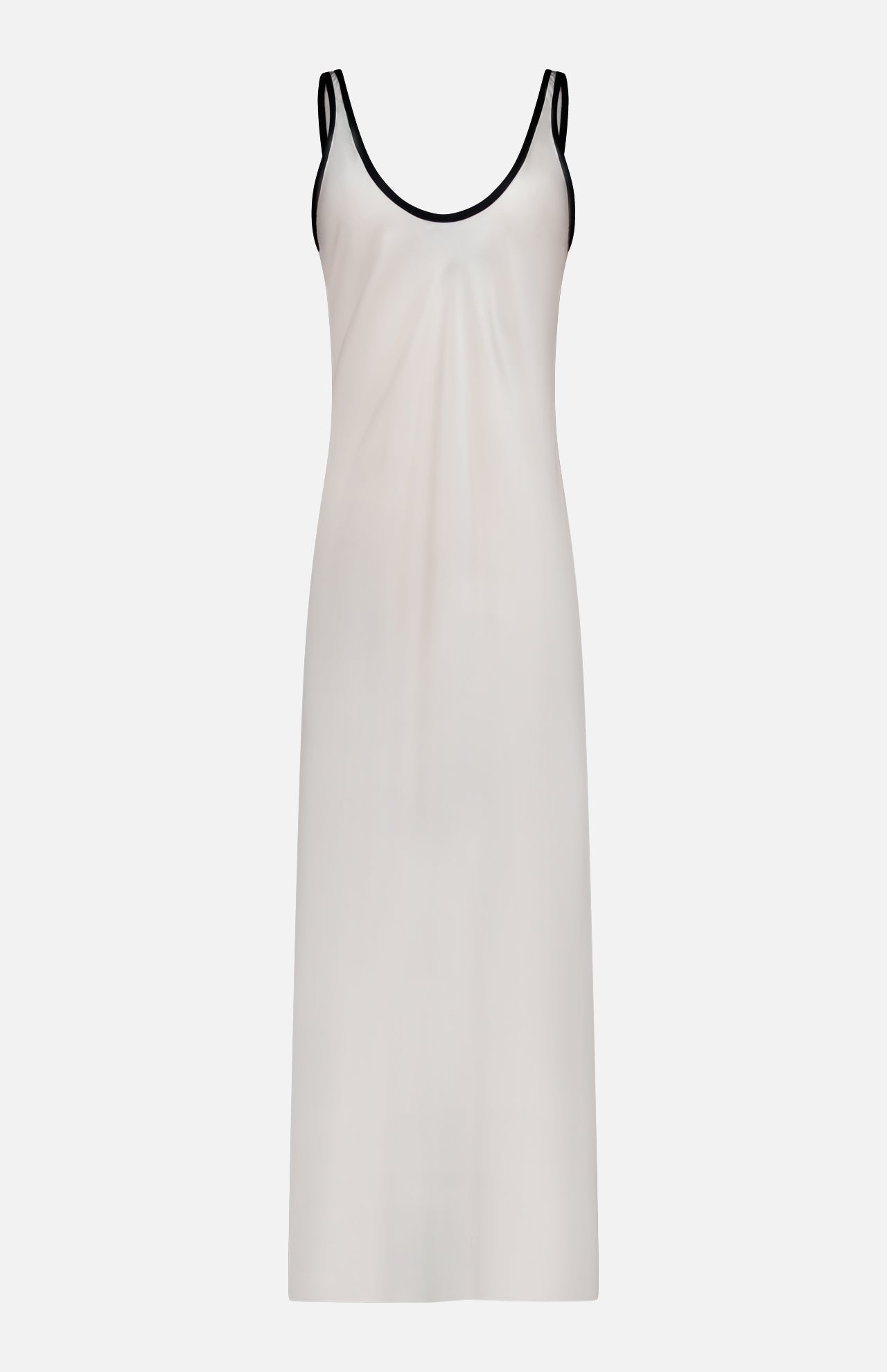 The Akiya Contrast Tank Dress by L'AGENCE is a sleeveless, ankle-length white satin maxi dress featuring a scoop neckline and thin black trim along the neckline and straps.