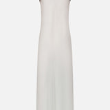 The Akiya Contrast Tank Dress by L'AGENCE is a minimalist white satin maxi, sleeveless with a scoop neckline and black trim on the neck and armholes, shown against a plain white background.