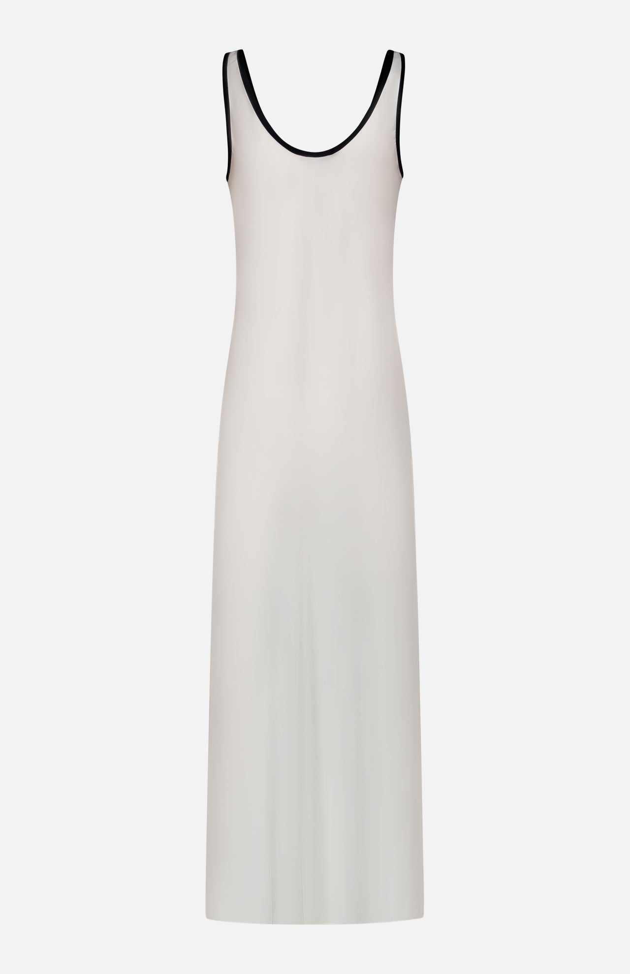 The Akiya Contrast Tank Dress by L'AGENCE is a minimalist white satin maxi, sleeveless with a scoop neckline and black trim on the neck and armholes, shown against a plain white background.