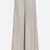 The Allanah Mid Rise Trouser Pant by L'AGENCE features wide legs, a tan pinstripe pattern with thin vertical brown stripes, front pleats, and belt loops, shown on a plain white background.