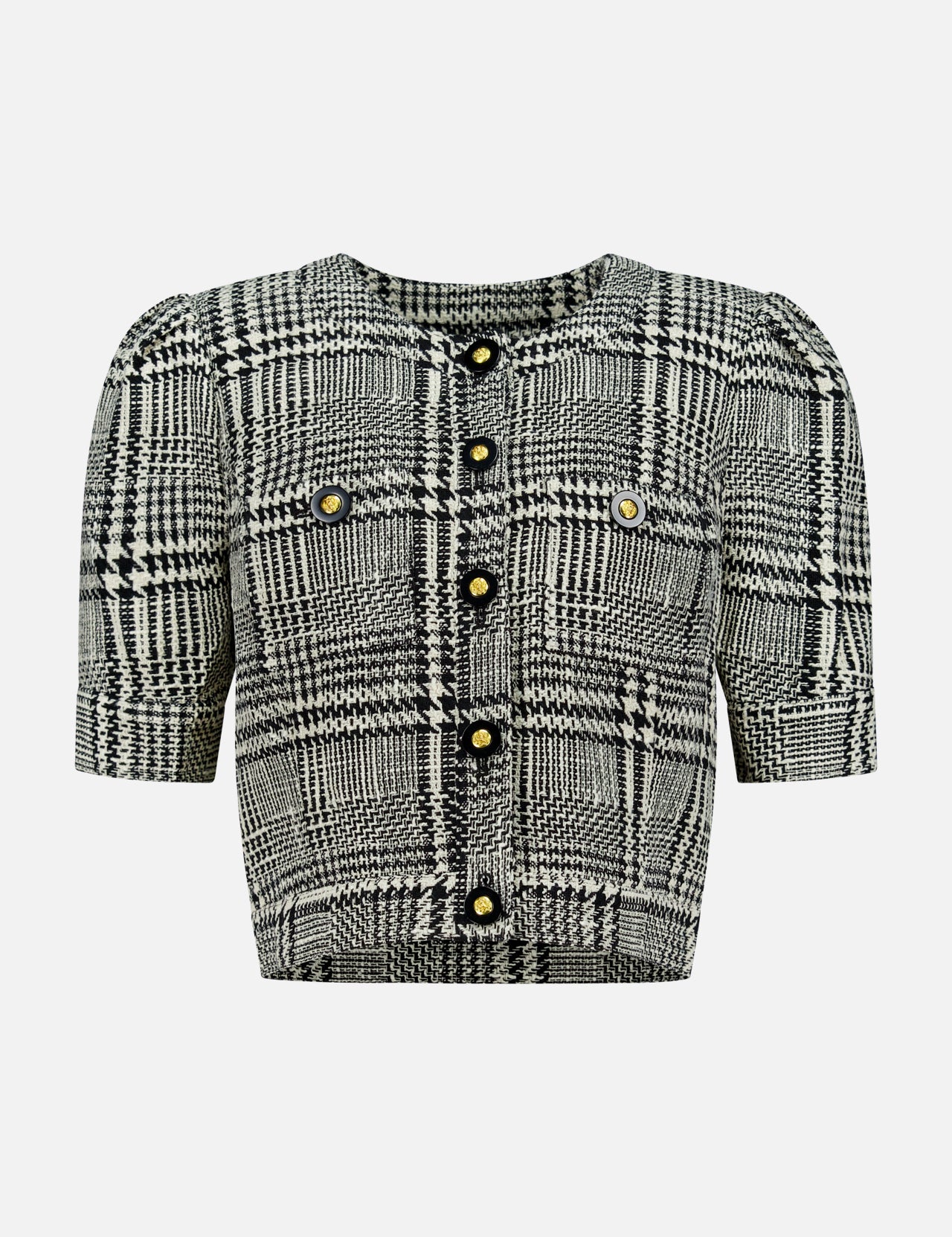 The Allegra Short Sleeve Cropped Jacket by L’AGENCE is a chic option for petite women, featuring a classic black and white plaid tweed, short sleeves, gold buttons, and two front chest pockets—beautifully presented against a plain white background.