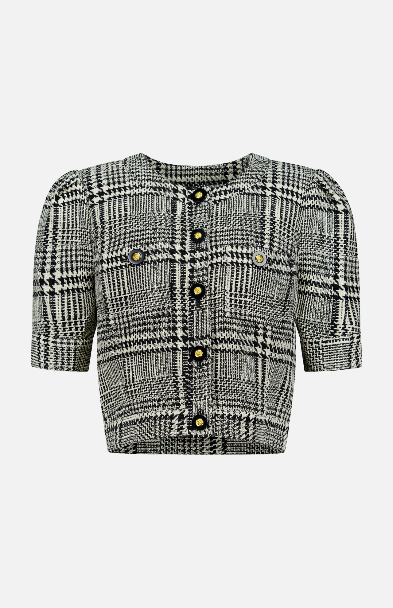 The Allegra Short Sleeve Cropped Jacket by L’AGENCE is a chic option for petite women, featuring a classic black and white plaid tweed, short sleeves, gold buttons, and two front chest pockets—beautifully presented against a plain white background.