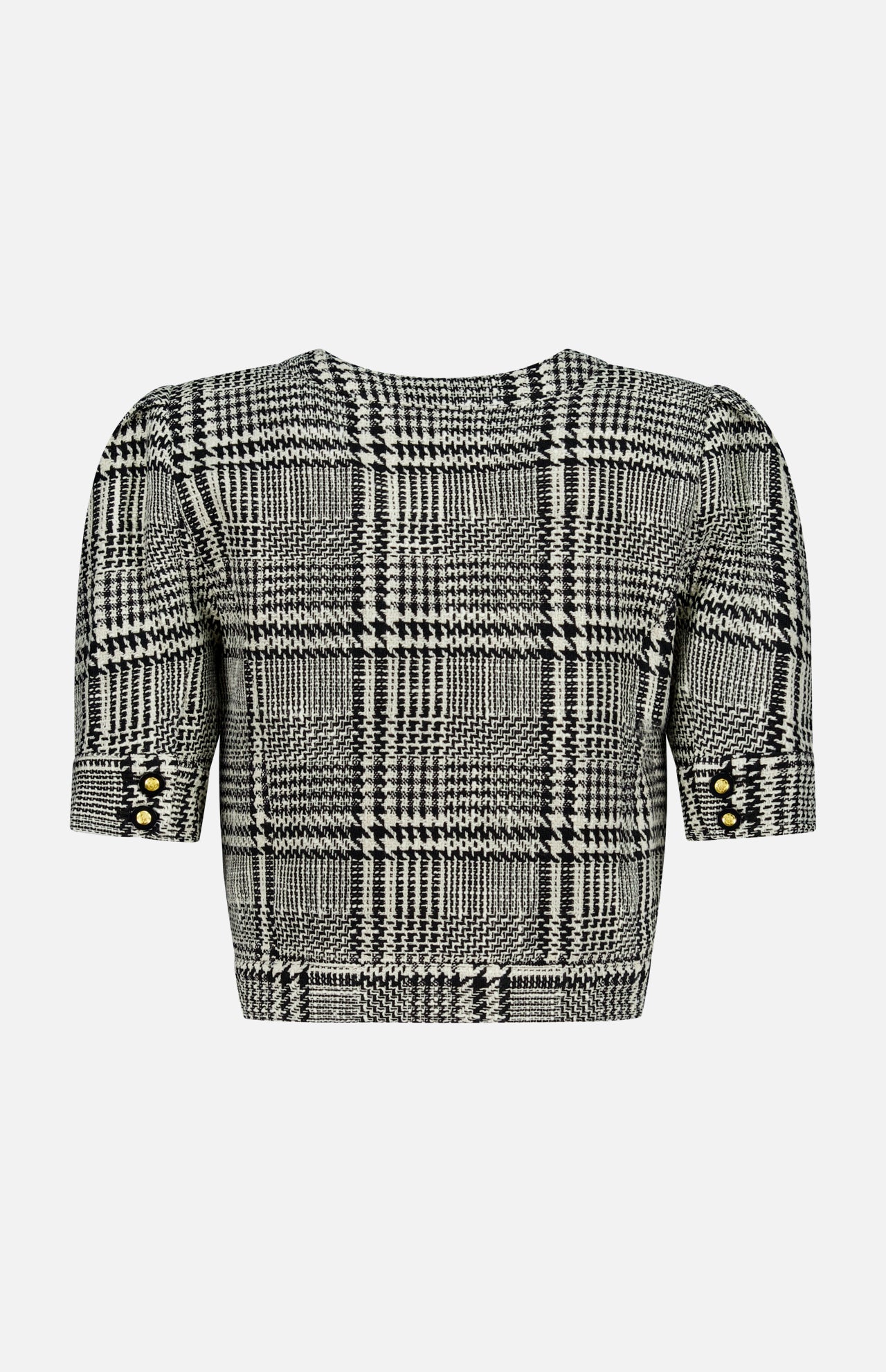 The Allegra Short Sleeve Cropped Jacket by L’AGENCE, shown from the back against a white background, features a black and white plaid pattern with gold buttons on the short sleeves, offering a timeless take on the classic cropped tweed jacket.