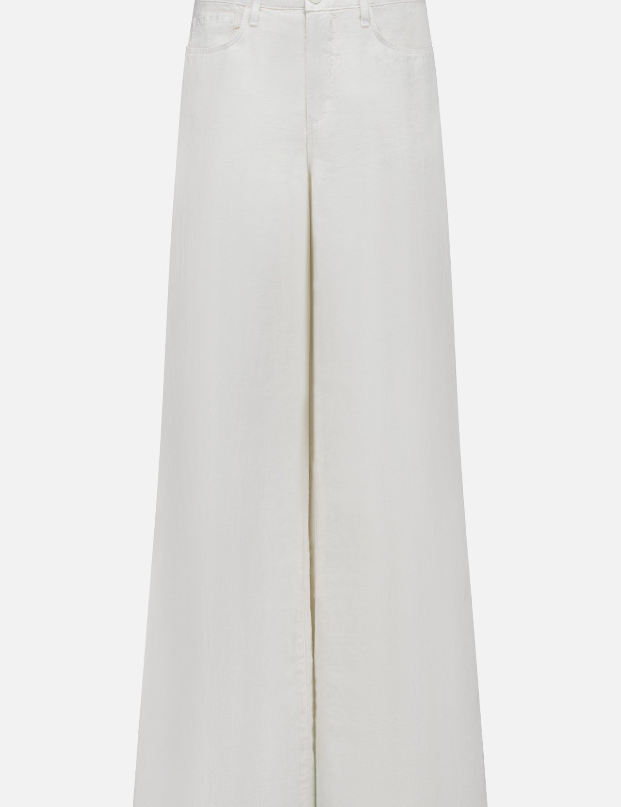 The Amara High Rise Wide Leg Pant by L'Agence features a white linen design with button and zip closure, belt loops, and front pockets, shown against a plain white background.