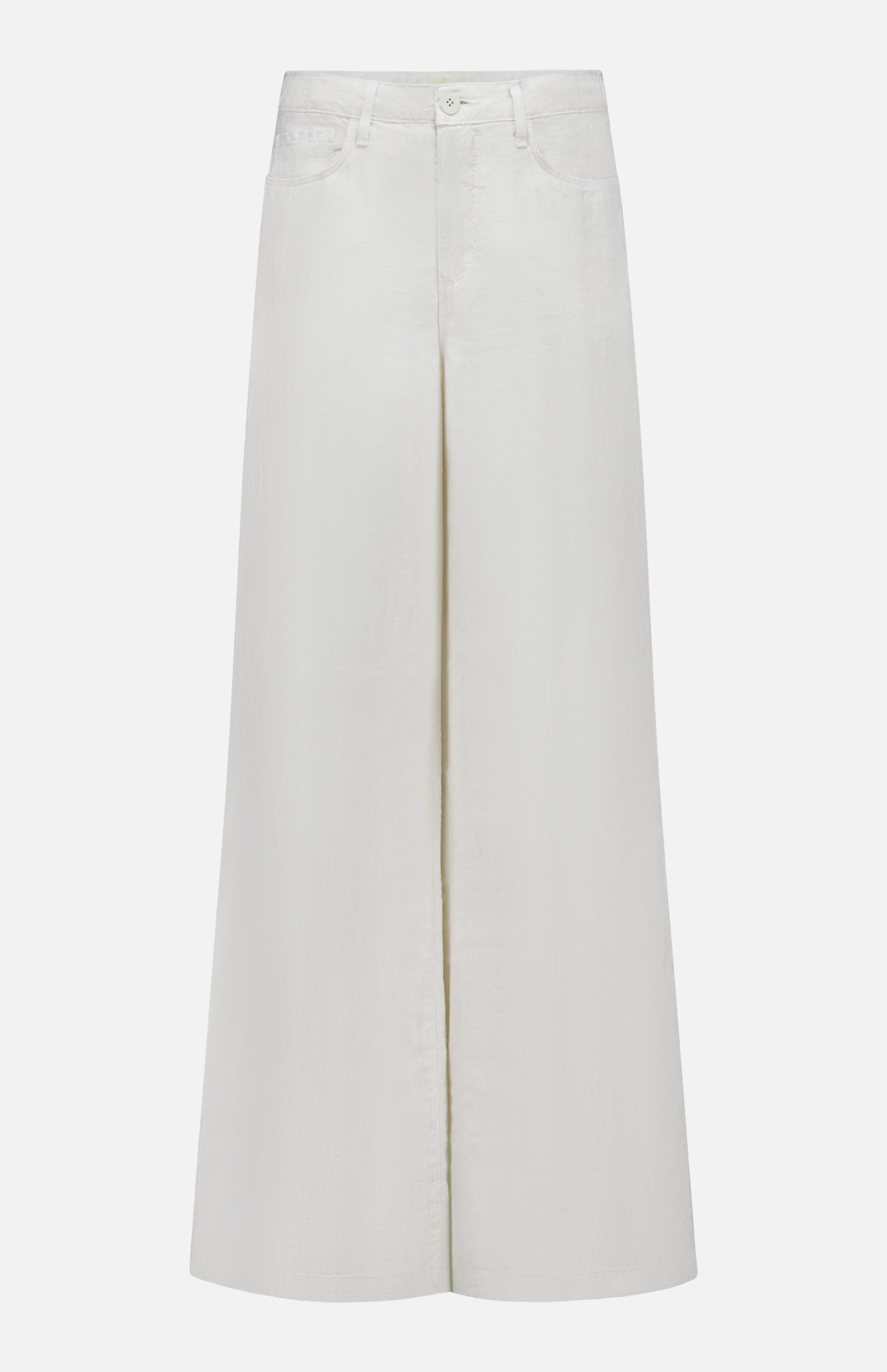 The Amara High Rise Wide Leg Pant by L'Agence features a white linen design with button and zip closure, belt loops, and front pockets, shown against a plain white background.