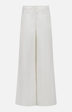 The Amara High Rise Wide Leg Pant by L'Agence features a white linen design with button and zip closure, belt loops, and front pockets, shown against a plain white background.