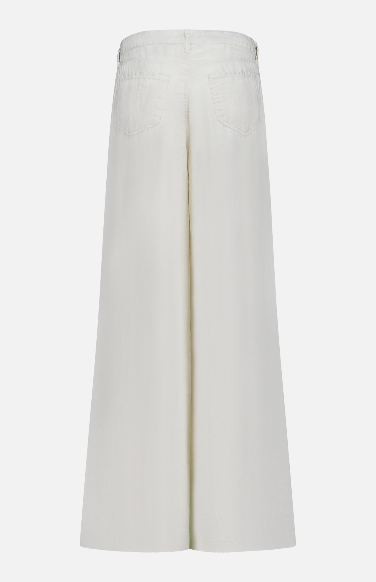 Back view of the Amara High Rise Wide Leg Pant by L'Agence in white linen, featuring two back pockets, shown on a plain white background.