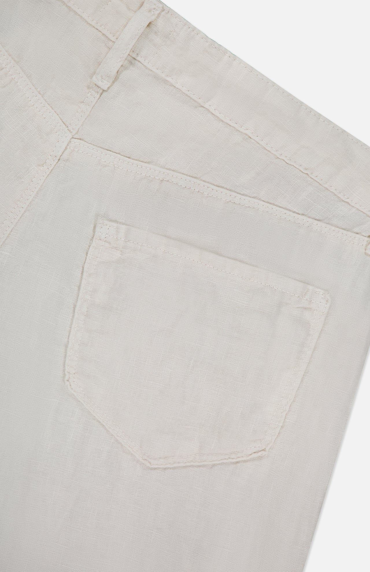 Close-up of the back pocket on the Amara High Rise Wide Leg Pant by L’Agence, highlighting the detailed stitching and textured white linen fabric.