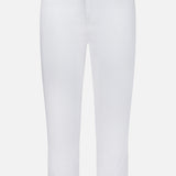 The Amaris High Rise Skinny Pedal Pusher Pants by L'AGENCE are white stretch ponte jeans with a button and zip closure, front and back pockets, and cropped ankles, shown against a plain white background.