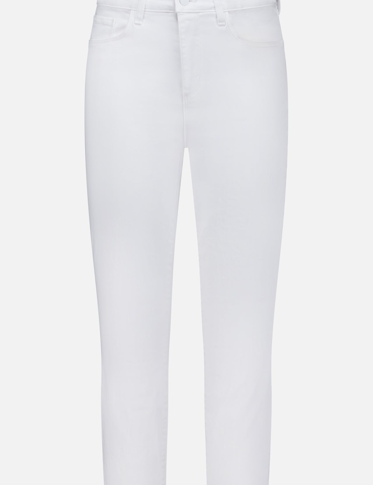 The Amaris High Rise Skinny Pedal Pusher Pants by L'AGENCE are white stretch ponte jeans with a button and zip closure, front and back pockets, and cropped ankles, shown against a plain white background.