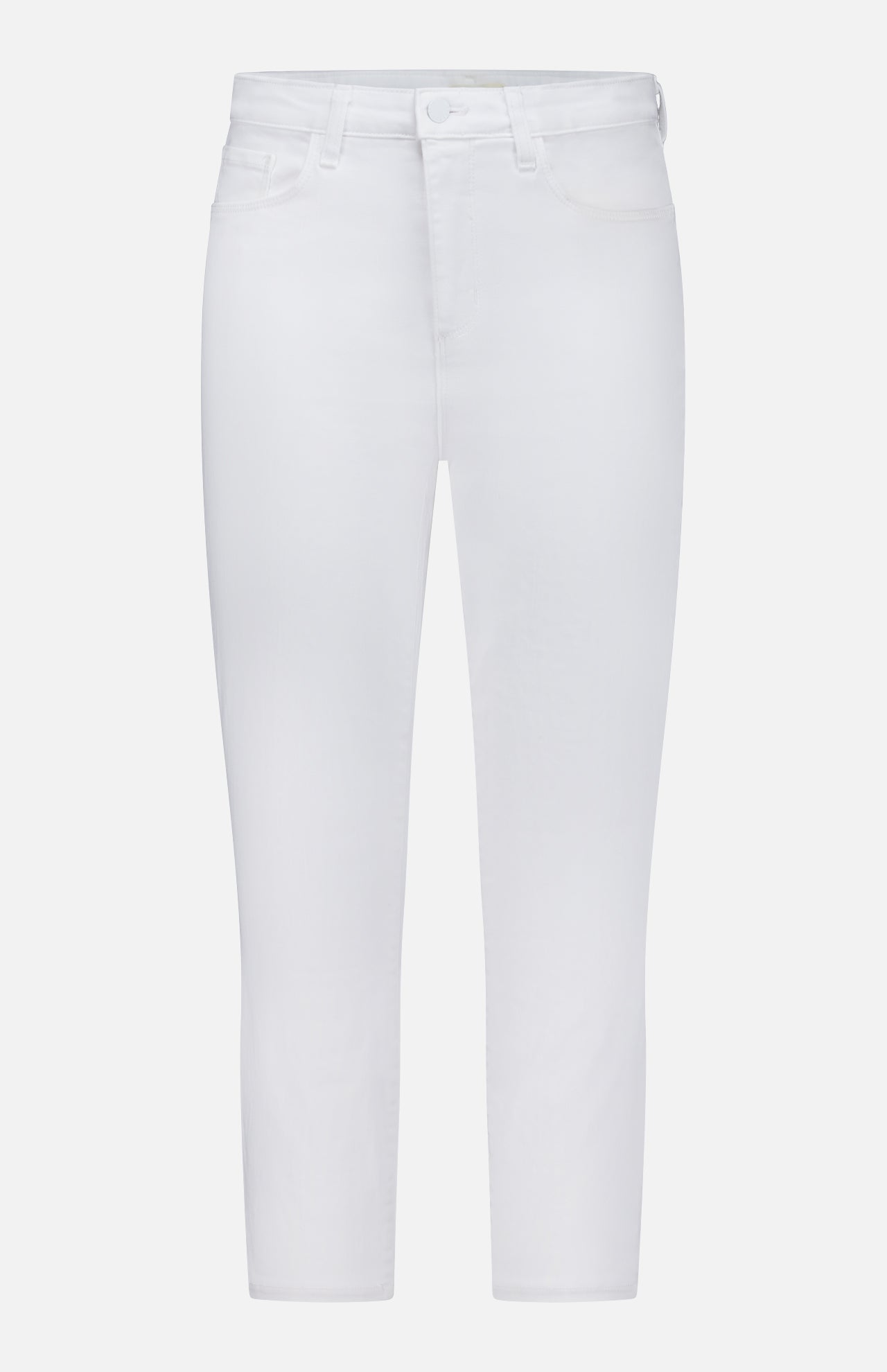 The Amaris High Rise Skinny Pedal Pusher Pants by L'AGENCE are white stretch ponte jeans with a button and zip closure, front and back pockets, and cropped ankles, shown against a plain white background.