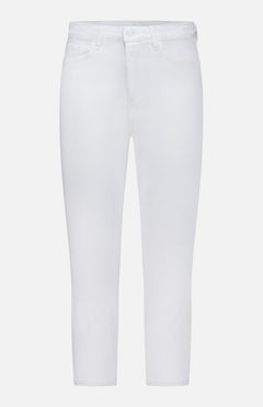 The Amaris High Rise Skinny Pedal Pusher Pants by L'AGENCE are white stretch ponte jeans with a button and zip closure, front and back pockets, and cropped ankles, shown against a plain white background.