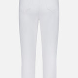 Back view of L'AGENCE Amaris High Rise Skinny Pedal Pusher Pants in white, featuring two back pockets and belt loops, made from stretch ponte fabric, shown against a plain white background.