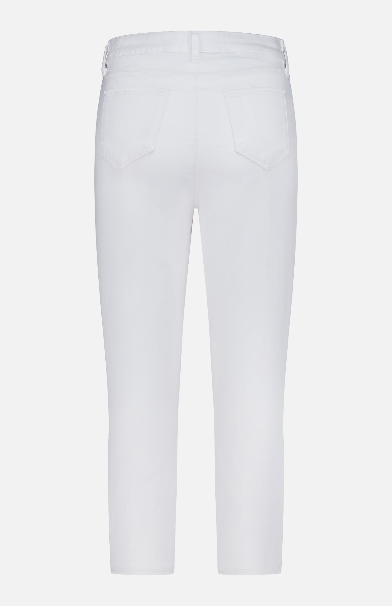 Back view of L'AGENCE Amaris High Rise Skinny Pedal Pusher Pants in white, featuring two back pockets and belt loops, made from stretch ponte fabric, shown against a plain white background.