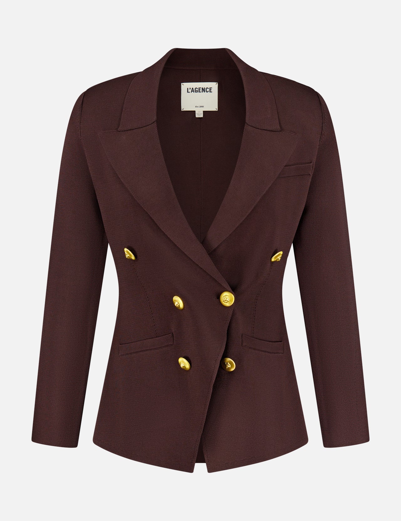 The Amelia Knit Blazer by L’AGENCE is a dark brown, double-breasted blazer with peaked lapels and six shiny gold buttons. This fitted knit design features long sleeves and is shown against a plain white background.