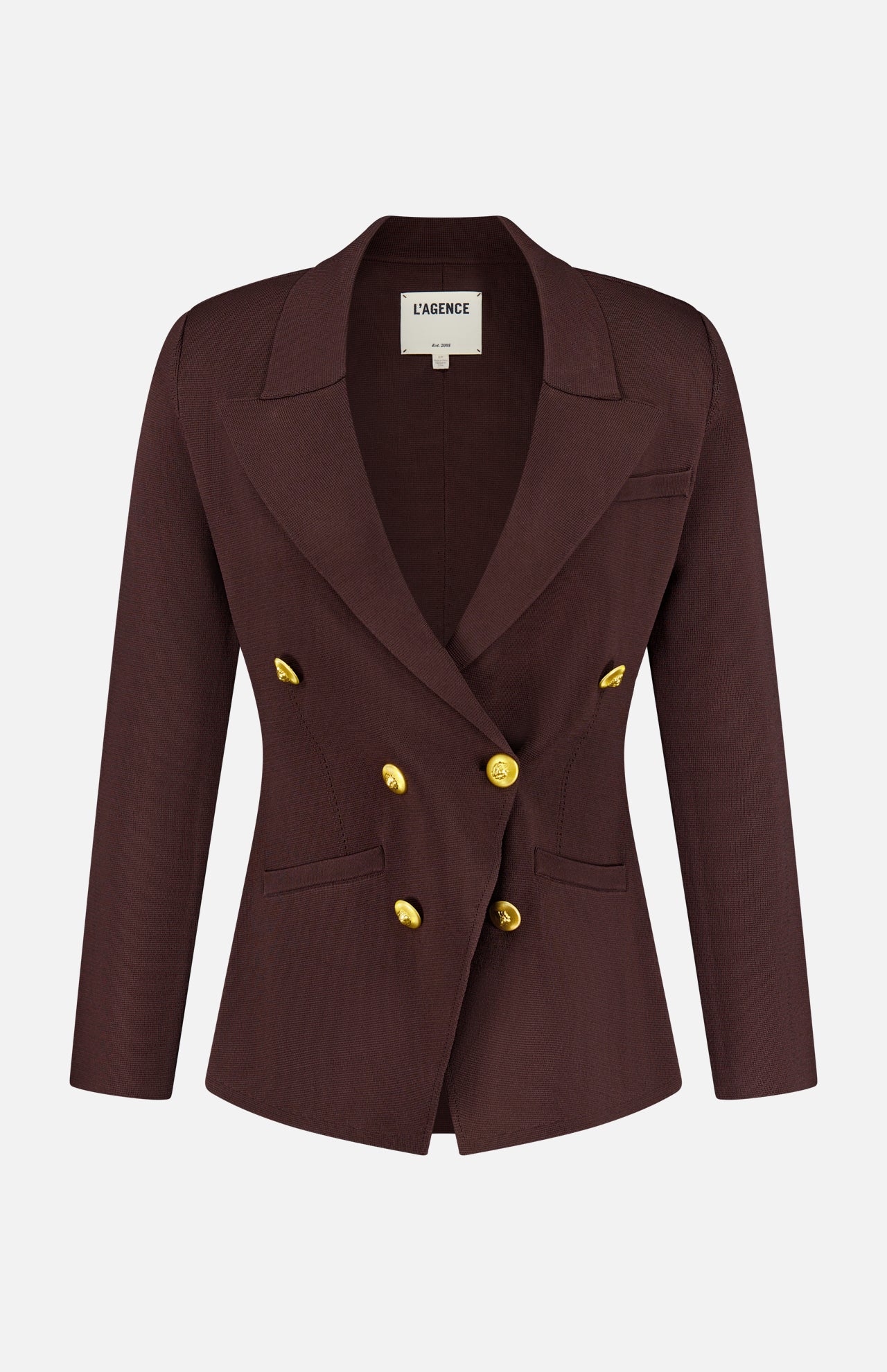 The Amelia Knit Blazer by L’AGENCE is a dark brown, double-breasted blazer with peaked lapels and six shiny gold buttons. This fitted knit design features long sleeves and is shown against a plain white background.