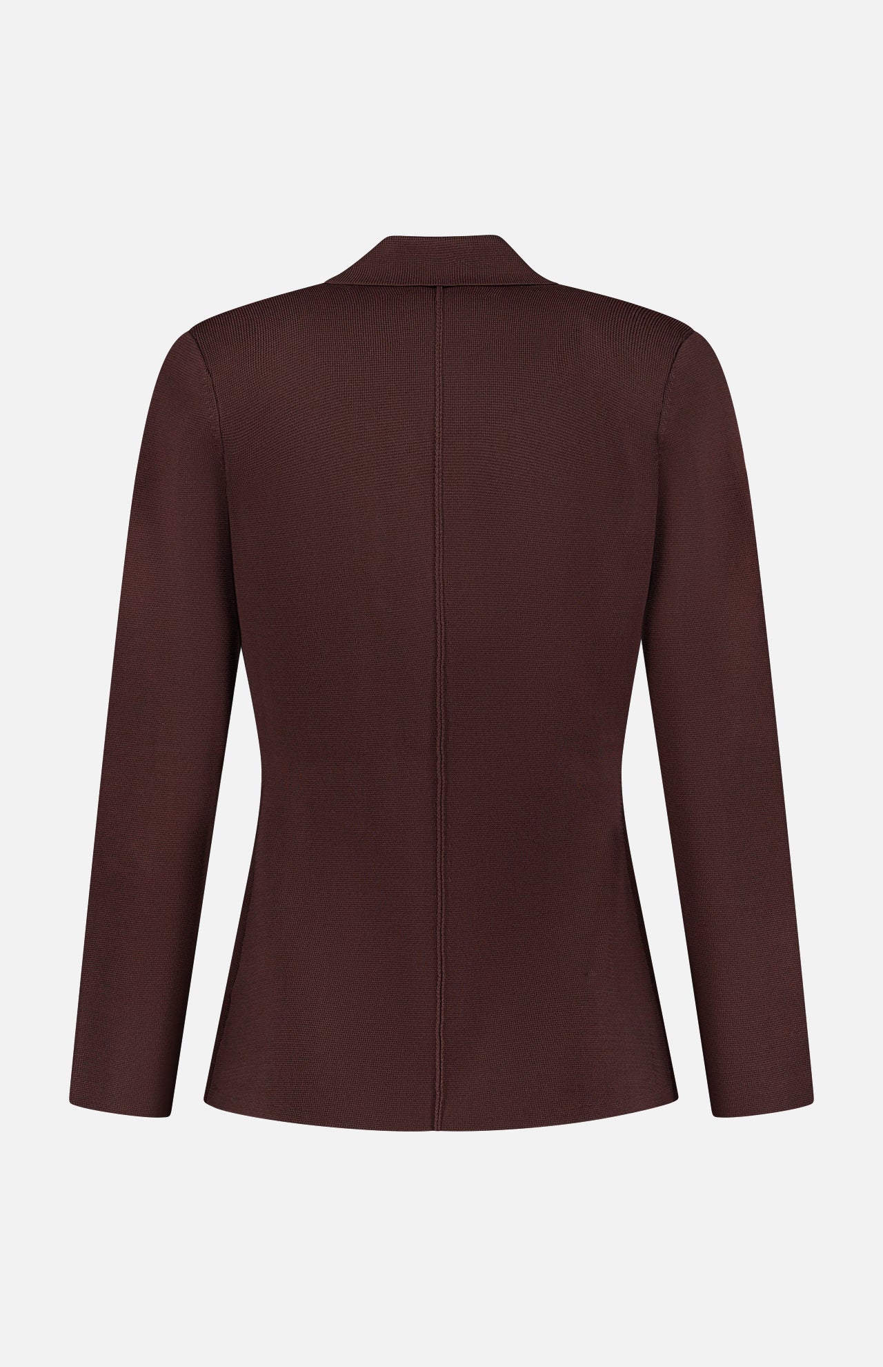 Back view of the Amelia Knit Blazer by L’AGENCE, a tailored, long-sleeve design in dark brown with a single center seam.