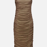 The Anya Shirred Midi Dress by L’AGENCE is a sleeveless, knee-length brown dress featuring a square neckline and ruched detailing throughout. This form-hugging dress is displayed on a plain white background.