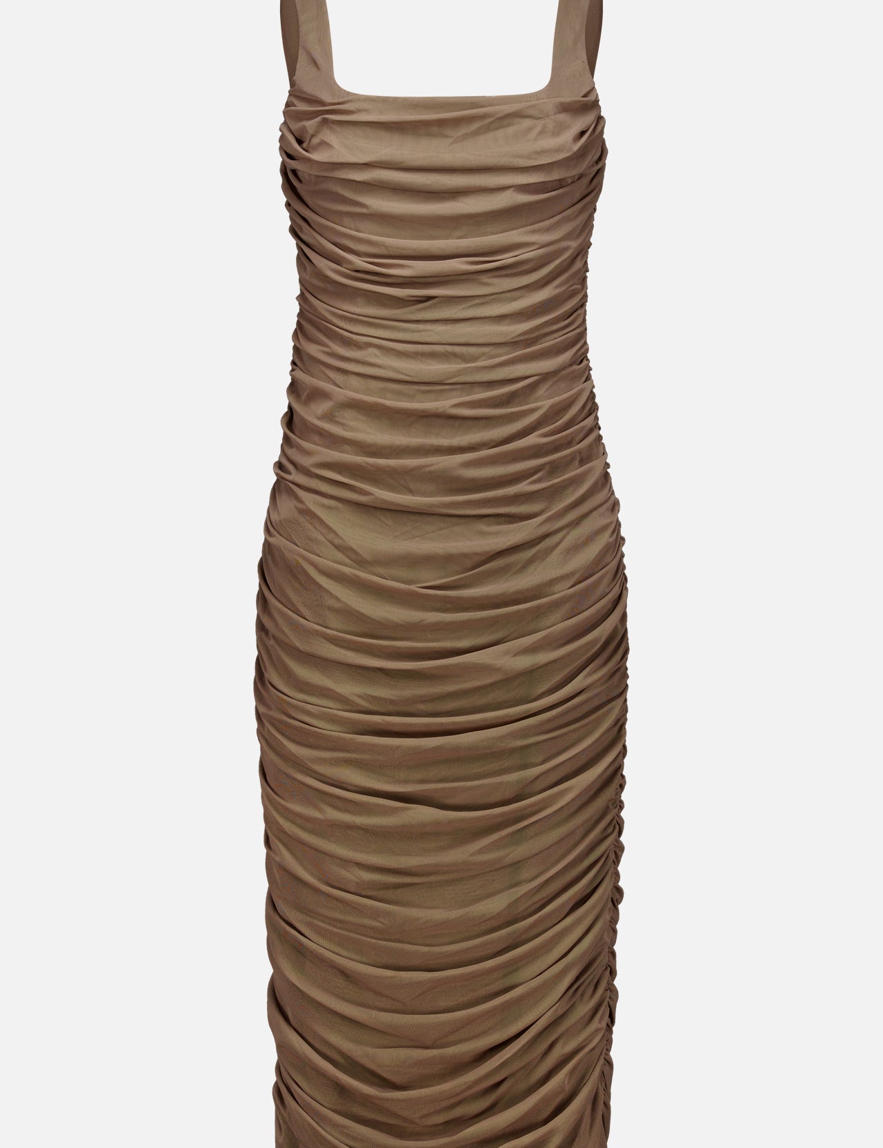The Anya Shirred Midi Dress by L’AGENCE is a sleeveless, knee-length brown dress featuring a square neckline and ruched detailing throughout. This form-hugging dress is displayed on a plain white background.