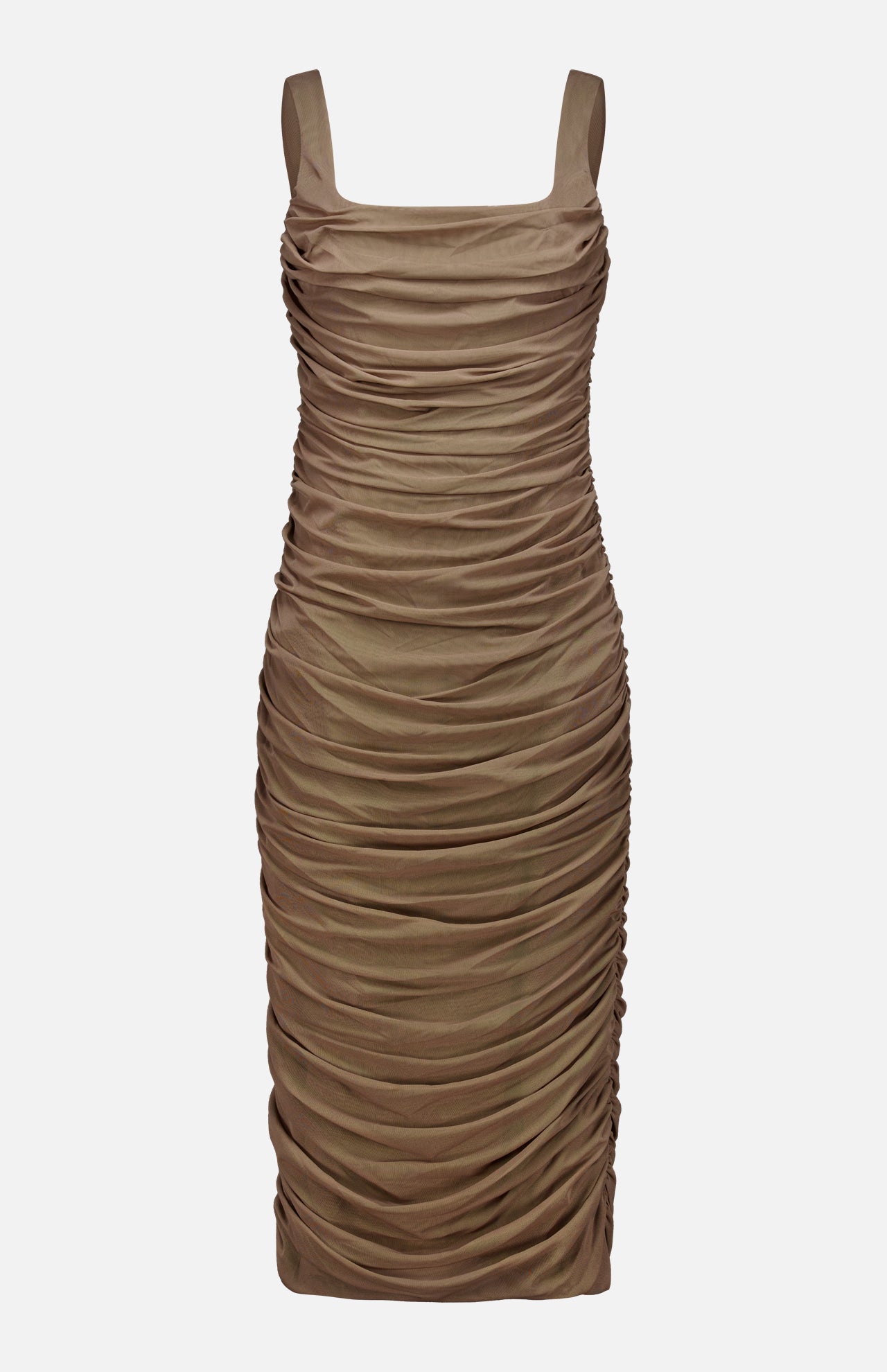 The Anya Shirred Midi Dress by L’AGENCE is a sleeveless, knee-length brown dress featuring a square neckline and ruched detailing throughout. This form-hugging dress is displayed on a plain white background.