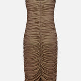 Introducing the Anya Shirred Midi Dress by L’AGENCE: a sleeveless, knee-length brown dress featuring wide straps and ruched detailing down the front and sides. Crafted from stretch mesh, this midi dress offers a form-hugging silhouette, ideal for both elegant and semi-casual occasions.
