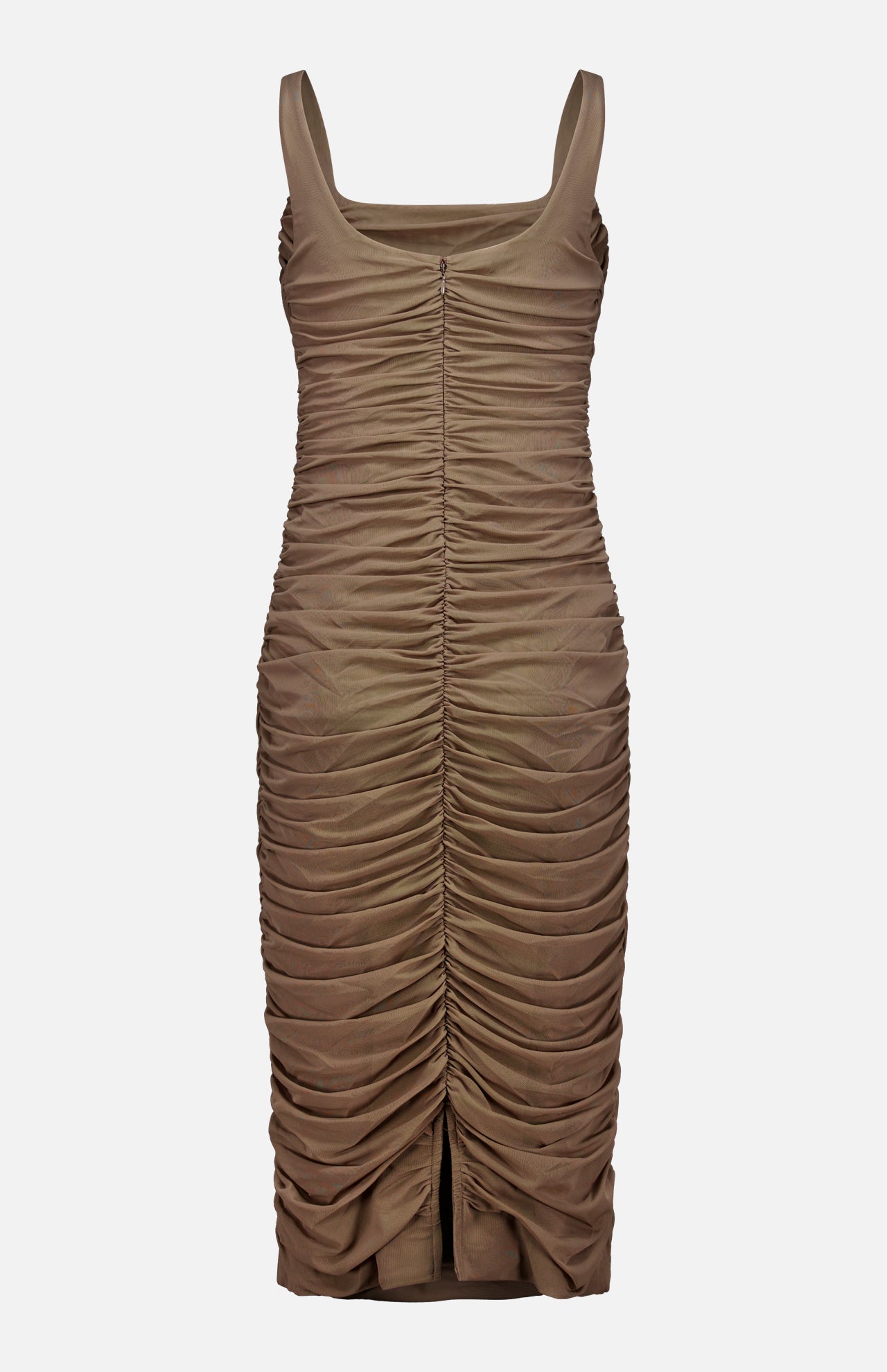 Introducing the Anya Shirred Midi Dress by L’AGENCE: a sleeveless, knee-length brown dress featuring wide straps and ruched detailing down the front and sides. Crafted from stretch mesh, this midi dress offers a form-hugging silhouette, ideal for both elegant and semi-casual occasions.