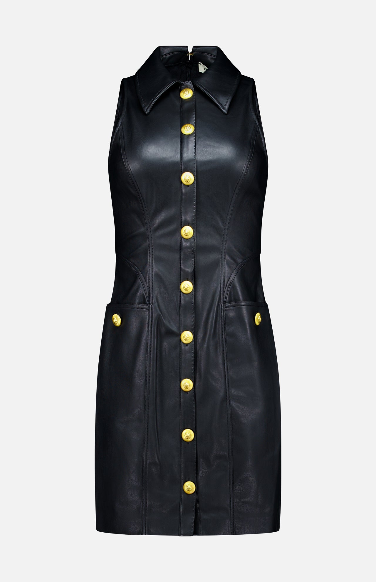 The Apolline Collar Racer Mini Dress by L’AGENCE is a sleeveless black vegan leather mini dress with a collared neckline and front gold button closure, featuring two pockets adorned with matching gold buttons. The dress is displayed on a plain white background.