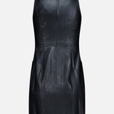 The Apolline Collar Racer Mini Dress by L’AGENCE is shown from the back, highlighting its sleeveless black vegan leather design with a defined waist seam and a visible back zipper, all set against a plain white background. This chic mini dress offers a modern twist on the classic evening style.
