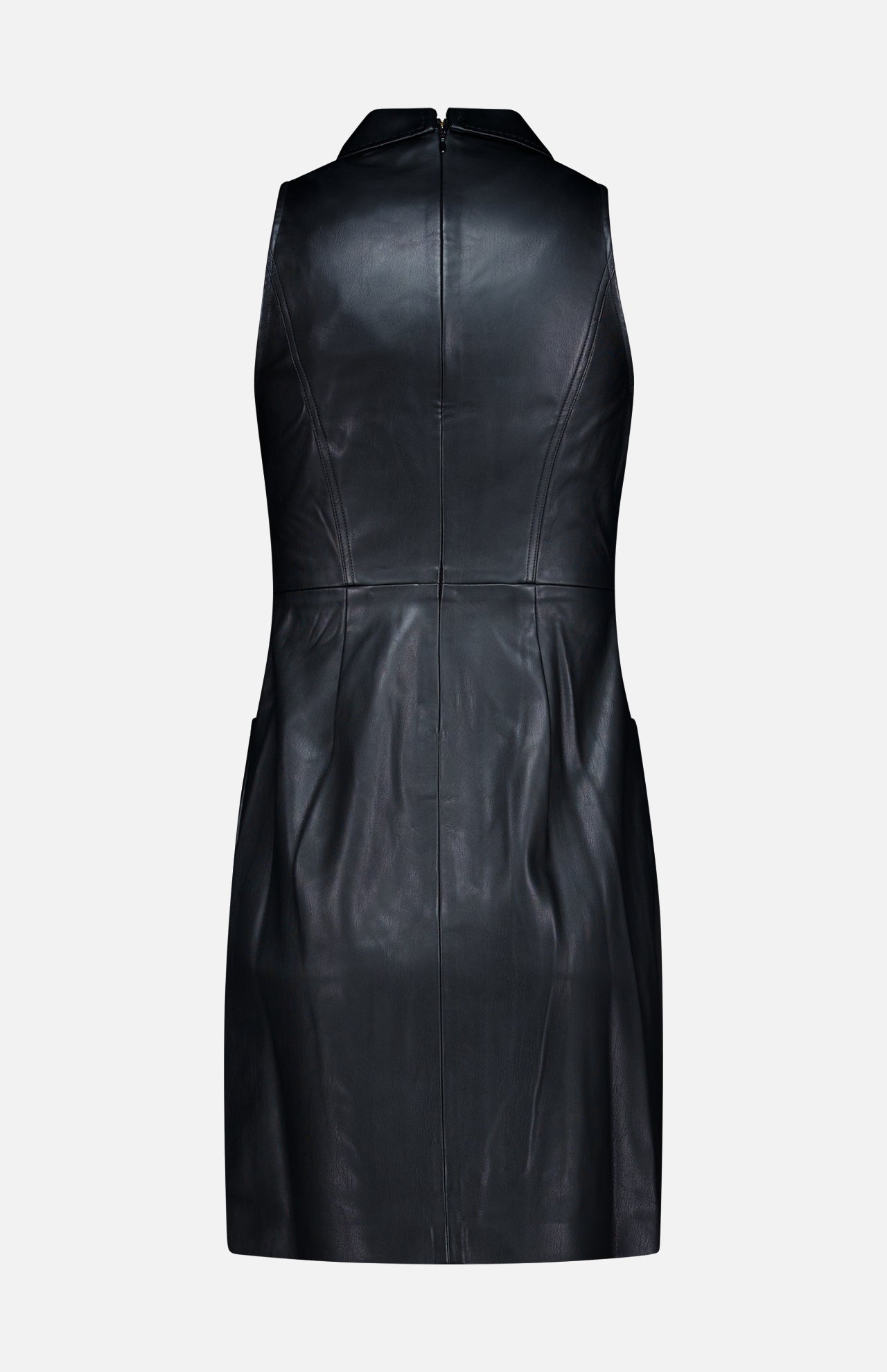The Apolline Collar Racer Mini Dress by L’AGENCE is shown from the back, highlighting its sleeveless black vegan leather design with a defined waist seam and a visible back zipper, all set against a plain white background. This chic mini dress offers a modern twist on the classic evening style.