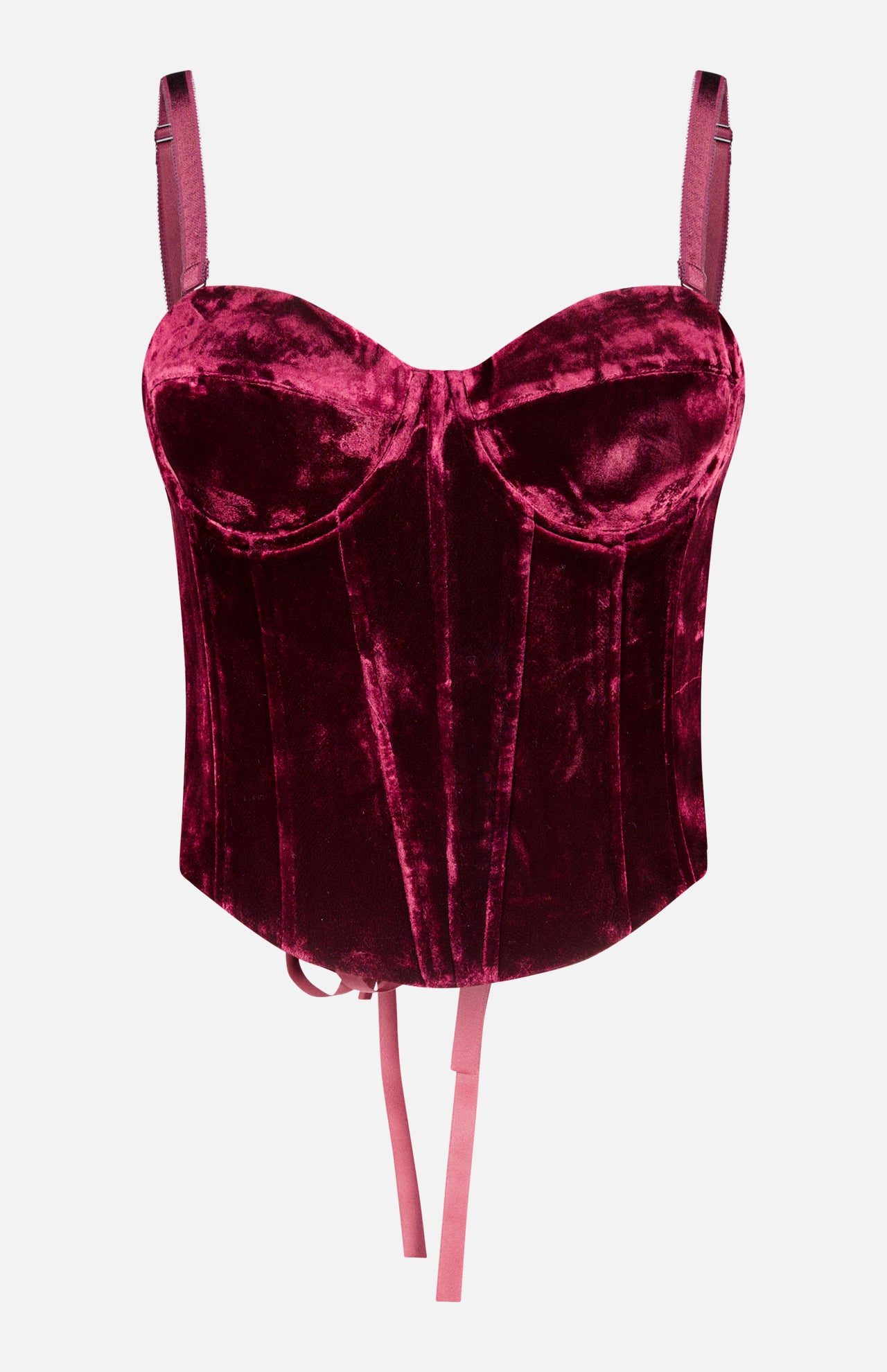 L’Agence Ariana Lace Up Corset Top in dark red velvet, featuring molded cups, shoulder straps, ribbon ties at the hem, and a lace-up back.