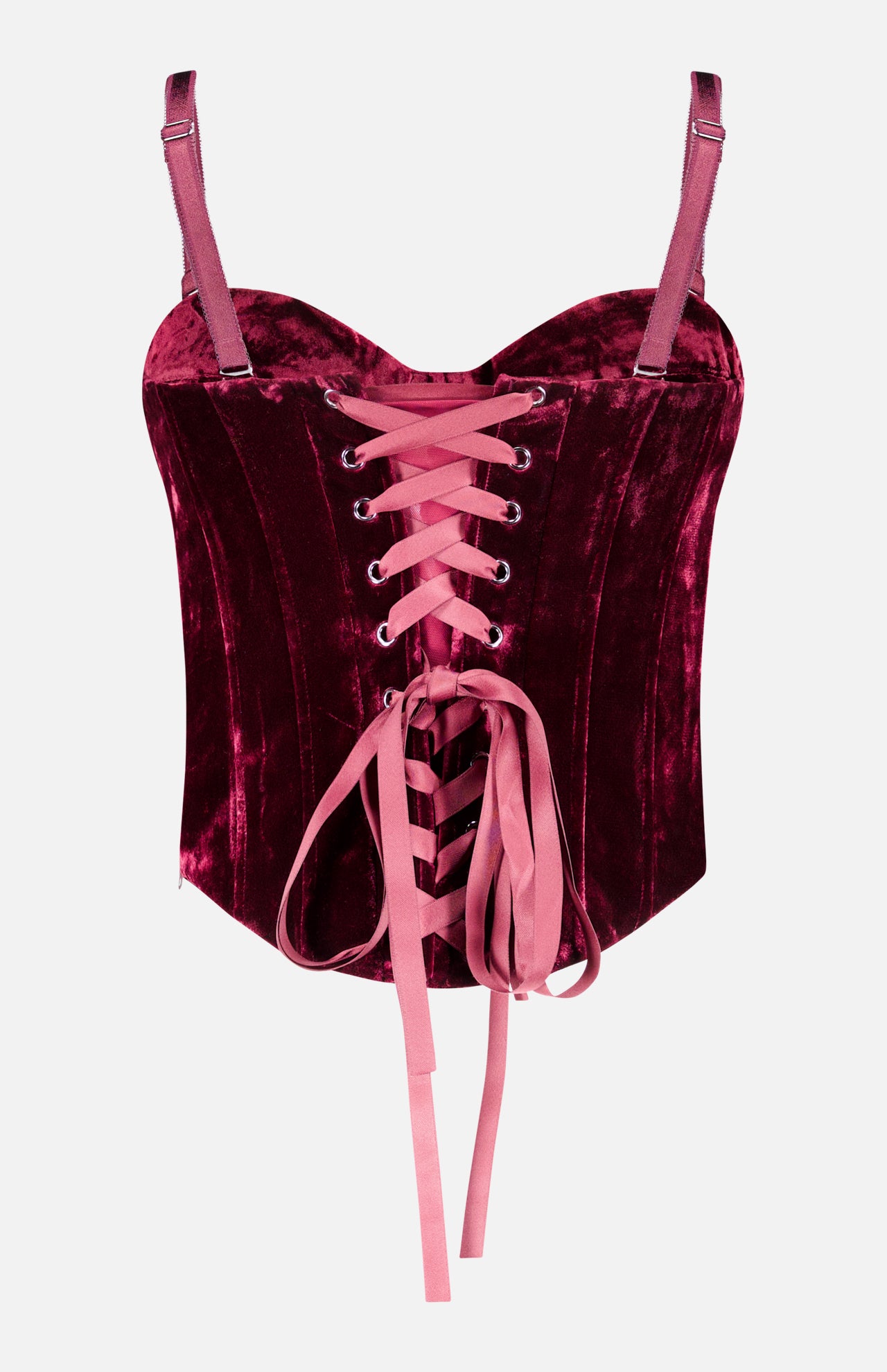 L’Agence Ariana Lace Up Corset Top in deep red velvet, featuring a front lace-up closure with pink ribbons and adjustable spaghetti straps.