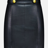 The Arlena Whipstitch Mini Skirt by L’AGENCE is a chic vegan leather mini skirt featuring visible whipstitch detailing and two gold buttons at the waistband, showcased against a plain white background.