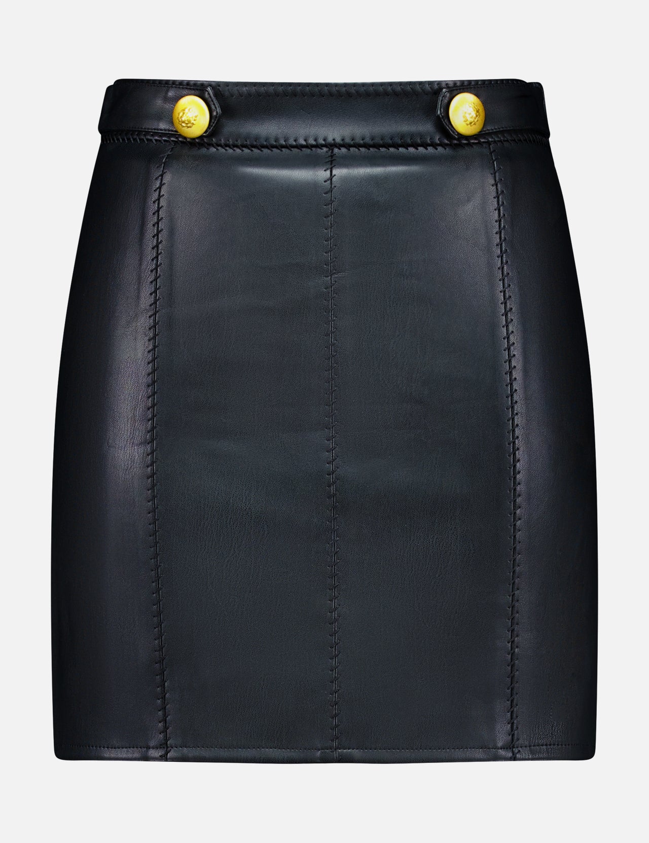 The Arlena Whipstitch Mini Skirt by L’AGENCE is a chic vegan leather mini skirt featuring visible whipstitch detailing and two gold buttons at the waistband, showcased against a plain white background.